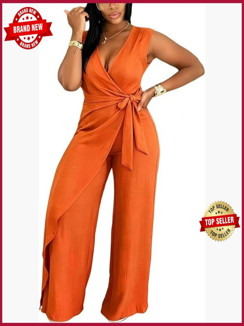 Casual V-Neck Sleeveless Tie Waist Wide Leg Jumpsuit Romper